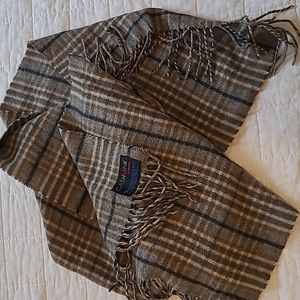 Cashmink V. Frass winter scarf in brown, tan, mud, gray 60" Long 15" Wide
